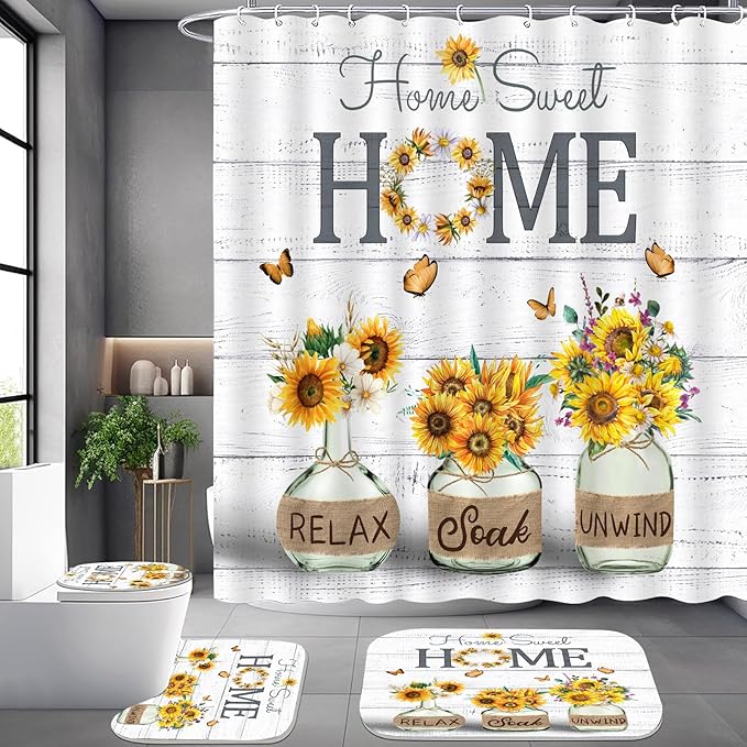 ALEXEX 4 PCS Yellow Sunflower Shower Curtain Set,Home Sweet Bathroom Set with Shower Curtain and Rugs and Accessories,Farmhouse Country Shower Curtain Bathroom Decor with 12 Hooks,72 X 72 Inches