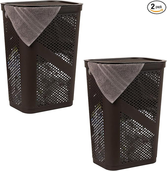 Mind Reader 60L Slim Laundry Hamper, Clothes Basket, Lid, Ventilated, Plastic, 17.25"L x 13.75"W x 23.5"H, Set of 2, Brown