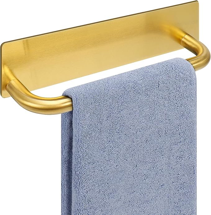 Livabber Self Adhesive Hand Towel Holder- 304 Stainless Steel Hand Towel Bar for Bathroom Kitchen Stick on Wall, Towel Ring No Drilling, 9 Inch (Gold)