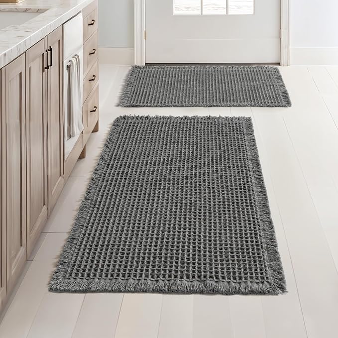 MIULEE Set of 2 Waffle Bathroom Rugs, Boho Bath Rugs Non Slip Washable, Super Absorbent Bath Mats, Ultra Soft Rubber Backed Shower Mats for Bathroom Floor, Tub, Dark Grey, 17"x24"+18"x30"