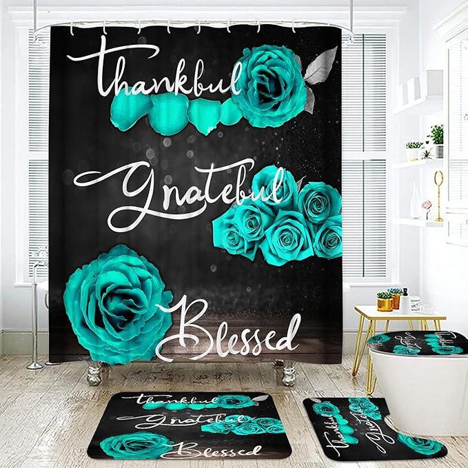 Onalasyc 4Pcs Green Rose Shower Curtain Set with Rugs Waterproof Bathroom Sets with Shower Curtain and Rugs Romantic Rose Floral, Thankful Grateful Blessed Bathroom Curtains Shower Set,with 12 Hooks