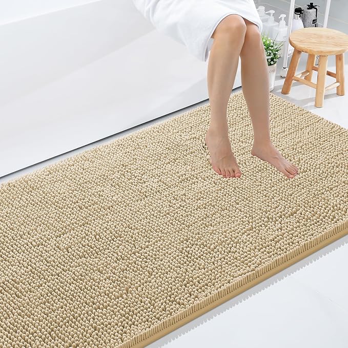 Smiry Luxury Chenille Bathroom Rugs 71x47, Extra Soft and Absorbent Shaggy Bath Mat, Machine Washable, Non-Slip Plush Carpet Runner for Tub, Shower, and Floor, Home Decor Accessories, Beige