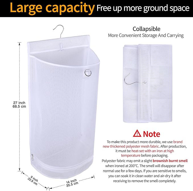 Hanging Collapsible Mesh Laundry Hamper - Breathable Fast Drying Laundry Bag, Space Saving Laundry Basket for Dorm, RV & Bathroom (White)