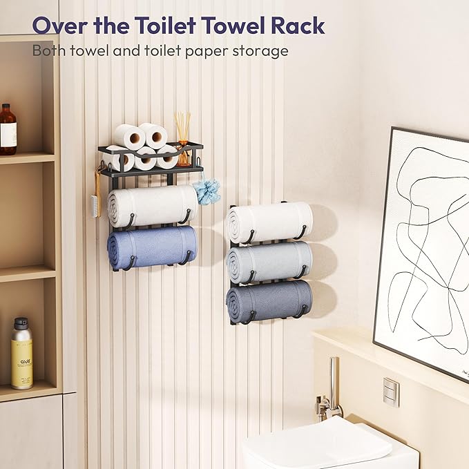 SWTYMIKI Over the Door Towel Rack - 6 Tier Towel Racks for Bathroom Wall Mounted, Towel Holder with Shelf, Hanging Rolled Towel Storage Organizer for Small Bathroom, Camper, RV, Black