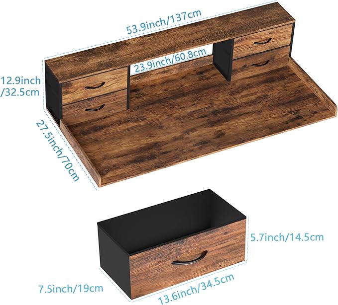 Unionly Washer and Dryer Countertop, 27.5" D x 53.9" W x 12.9" H Solid Wood Washer Dryer Countertop with Organizer Shelves with Four Drawers for Laundry Room Organization (Rustic Brown)