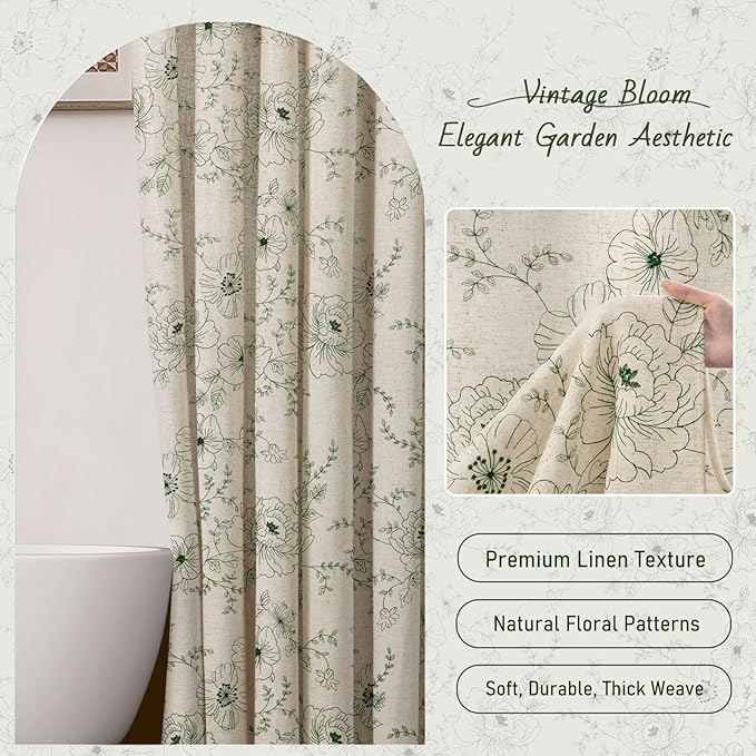 Farmhouse Floral Linen Shower Curtain, Vintage Green Embroidered Pattern Rustic Shower Curtains for Bathroom, Tan Taupe,72x72