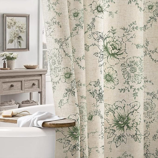 Farmhouse Floral Linen Shower Curtain, Vintage Green Pattern Rustic Shower Curtains for Bathroom, Tan Taupe,72x84