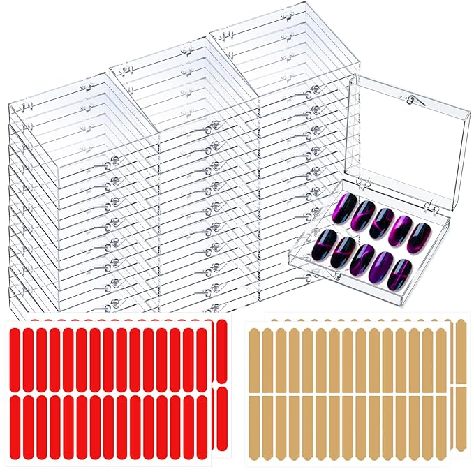 30 Sets Press on Nail Box Nail Display Case Artificial Nail Display Storage Box with 60 Pcs Adhesive Double Sided Tape Press On Nail Packaging for Nail Salon (Clear, 2.76 x 2.76 inch)