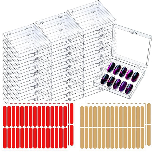 30 Sets Press on Nail Box Nail Display Case Artificial Nail Display Storage Box with 60 Pcs Adhesive Double Sided Tape Press On Nail Packaging for Nail Salon (Clear, 2.76 x 2.76 inch)