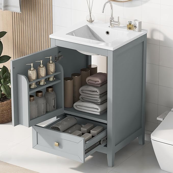 20 in Small Bathroom Vanity with Sink,Wood Modern Single Bathroom Sink Cabinet with Soft Closing Door and Drawer,Freestanding Grey