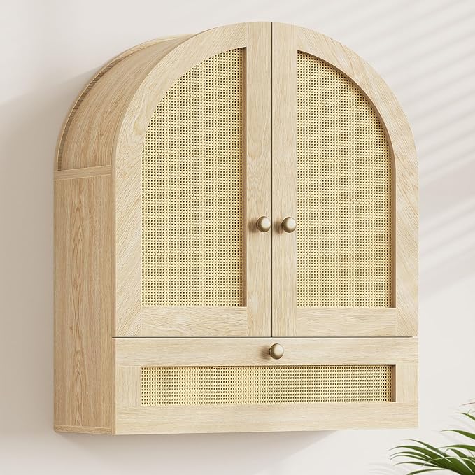 Arched Bathroom Wall Cabinet, Rattan Medicine Cabinet with Drawer, Wall Mounted Hanging Above Toilet Storage Cabinet, Natural 4-Tier Small Over The Toilet Storage Cabinet with Door for Kitchen Laundry