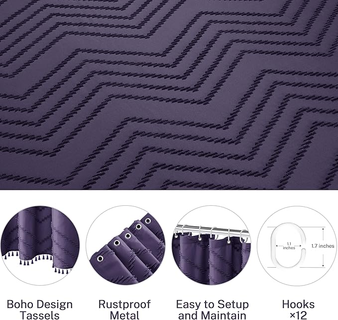 Extra Long Boho Shower Curtain, Woven Fabric 84 in Dark Purple, 72 x 84, Tufted Chevron Striped Modern Chic Textured Minimalist Bathroom Shower Curtain