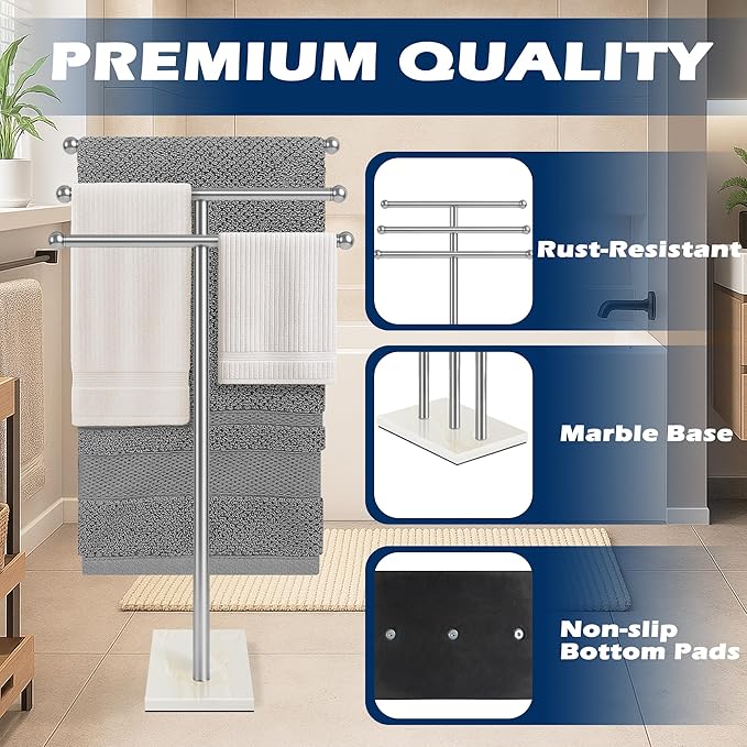 Standing Towel Rack with Marble Base, 3-Tier Free Standing Towel Racks for Bathroom, 40" Height Floor Towel Stand Holder for Bathroom, White