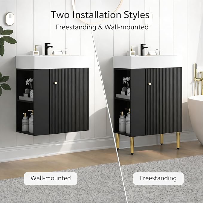 Virubi 21.6 in Small Bathroom Vanity with Sink,Doors and Storage Shelves,Wood Modern Single Fluted Bathroom Sink Cabinet Freestanding (Black,Left Shelf)