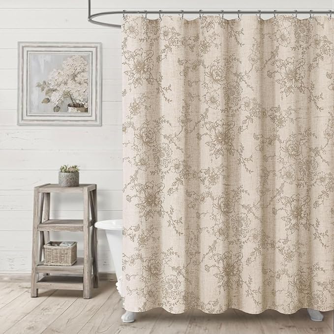 Farmhouse Floral Linen Shower Curtain, Vintage Tan Pattern Rustic Shower Curtains for Bathroom, Taupe,72x72