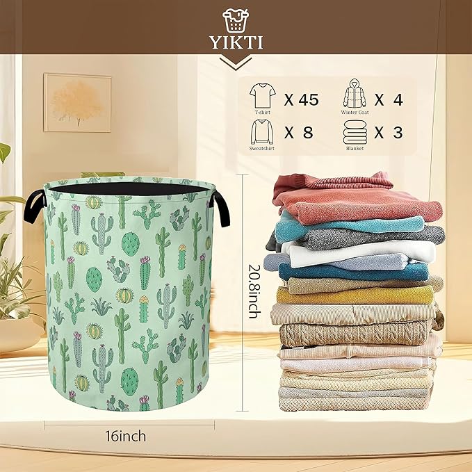 Collapsible Laundry Basket,Green Cactus Dirty Clothes Hamper,Succulent Plants Hampers for Bedroom Waterproof Oxford Cloth Storage Organizer for Bathroom,Nursery,Dorm,16x20 Inch
