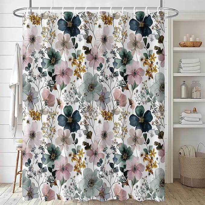 Watercolor Floral Shower Curtain 72x72 Inch Elegant Hand Painted Flower Print Bathroom Curtain Fabric for Vintage or Modern Decor
