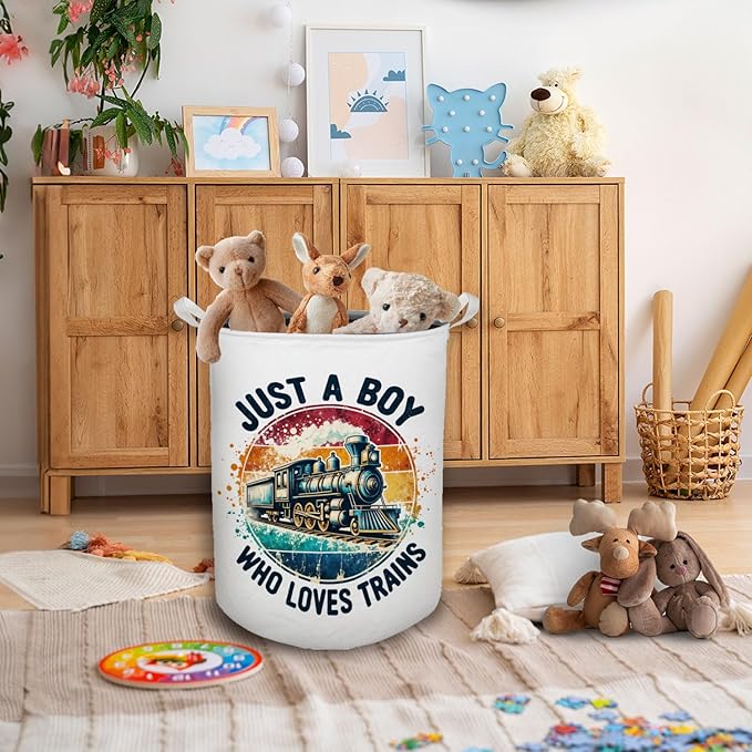Just a Boy Who Loves Trains Laundry Basket, Toybox for Boys, Gifts for Train Lovers Enthusiasts Laundry Hamper Waterproof Collapsible Storage Bin Organizer for Bedroom Bathroom Dorm Clothes Toys