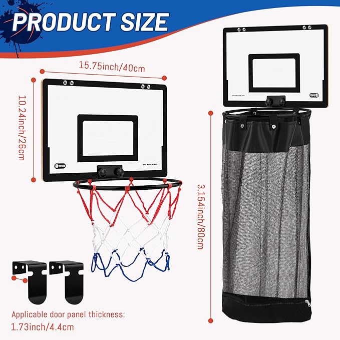 Over the Door Basketball Laundry Hamper, 2-in-1 Wooden Sports Laundry Basket with Basketball Hoop & Bottom Zipper, Adjustable Hanging Clothes Hamper for Kids Teens Bedroom Dorm Bathroom
