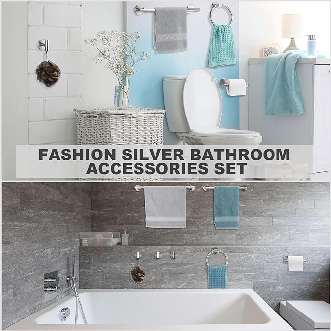 Gisafai 15 Pcs Silver Bathroom Accessories Hardware Set Towel Racks for Bathroom SUS304 Stainless Steel 23.6 Inch Brushed Towel Bar Ring Toilet Paper Holder Robe Hooks for Wall Mounted