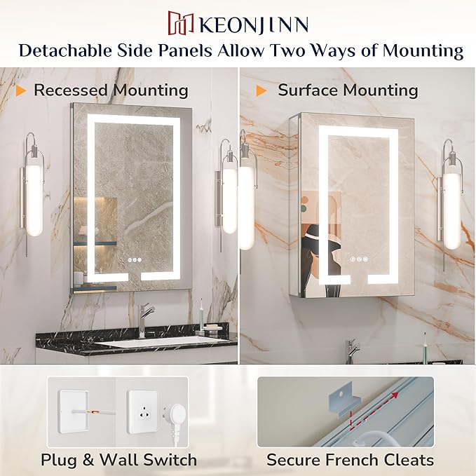 Keonjinn 20 x 26 Inch Lighted Medicine Cabinet with Mirror Surface Mount or Recessed, 3 Color Dimmable Frontlit Medicine Cabinet with Lights, Tempered Glass UL Listed LED 2-Side Mirror with Storage