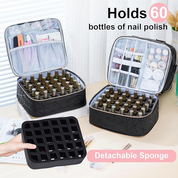 Uross Nail Polish Organizer Bag Holds 60 Bottles Nail Polish & Nail Lamp, Large Gel Polish Organizers and Storage box for Nail Tech, Nail Kit Supplies Organizer Case - Black