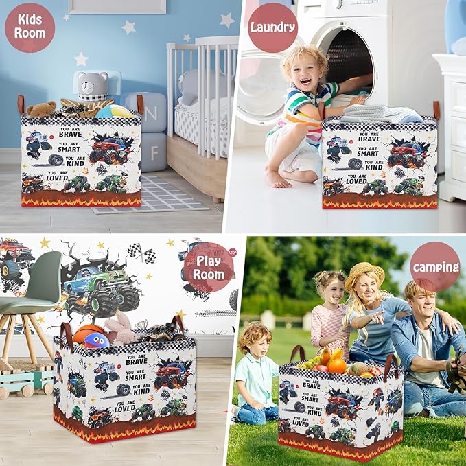Monster Truck Storage Laundry Basket, Kid Room Decor for Boys,Rectangular Gift Bag Toy Box Shelf Basket ,Collapsible Clothes Book Organizer Bin,Easter Gifts Basket