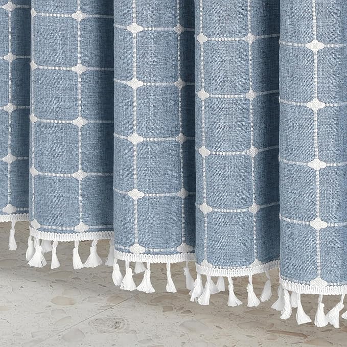 MitoVilla Blue Farmhouse Shower Curtain Set 72 x 78, Boho 78 inch Long Polyester Linen Tassel Fabric Shower Curtain Set for Chic Cottagecore French Rustic Bathroom Decor