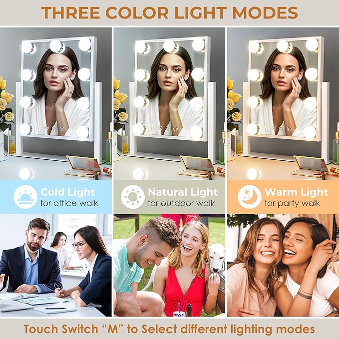 Vanity Mirror with Lights, Makeup Mirror with 3 Lighting Modes, Light Up Mirror with Touch Sensor, AC-Powered, 360 Rotatable, Metal Frame, with Detachable 10X Magnifying Spot Mirro, 14.1"