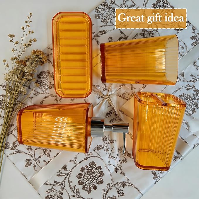 4 Pcs Bathroom Accessory Set Plastic Bathroom Organizer Kit with 13.5oz Soap Dispenser Toothbrush Holder Tumbler Vanity Tray Complete Countertop Bathroom Decor Set(Orange)
