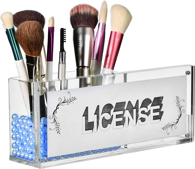 AMT CLEAR Acrylic Make Up Organizer, Business License Frame for Cosmetology or Other Businesses, Makeup Brush Holder, Pen Holder,Business Card Display (Blue)