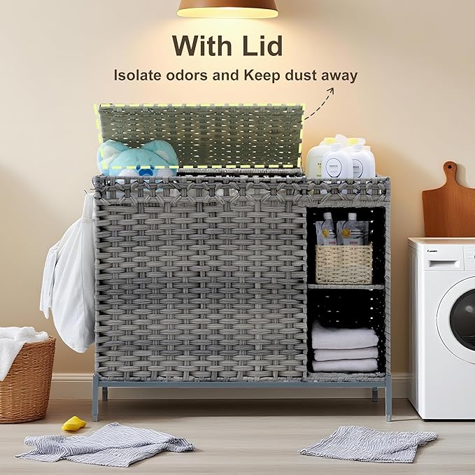 Gitelsnour Laundry Hamper with Lid, 130L (34.4 Gal) Rattan Laundry Hamper 3 Section with 50L(13.2 Gal) Storage Shelf, Wicker Woven Laundry Sorter Basket with 4 Liner Bags and Handles, Natural GLH003N