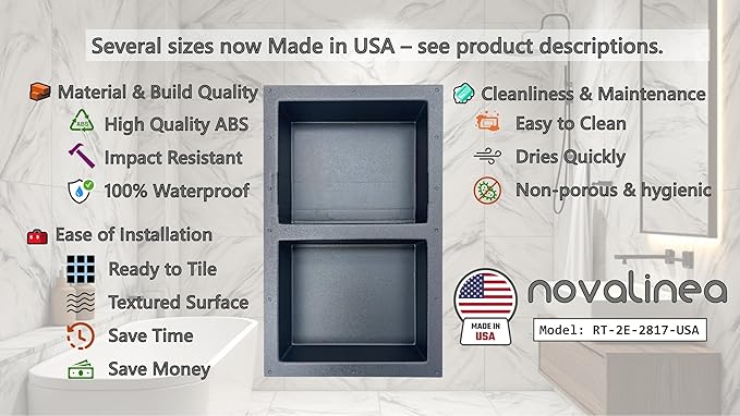 Ready-to-Tile Rectangular Shower Niche – 28" x 17" Double Equal Shelves – Made in USA – Recessed Bathroom Storage