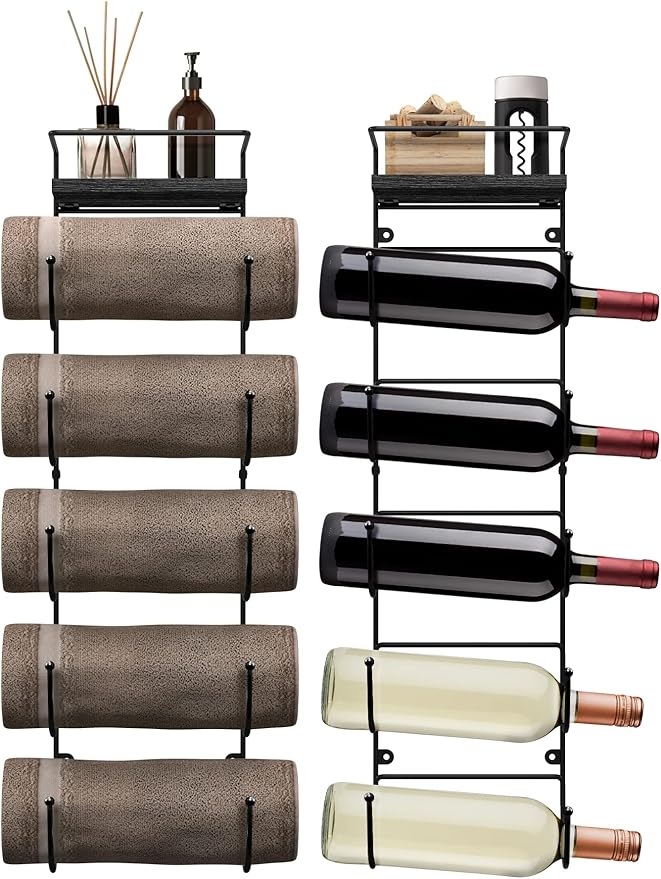 Sorbus Bathroom Towel Holder - 5 Tier Metal Towel Rack with Wood Shelf for Rolled Bath Towels, Washcloths, Linens, Hand Towels, Soaps & Accessories - Wall Mounted Towel Rack for Bathroom Towel Storage