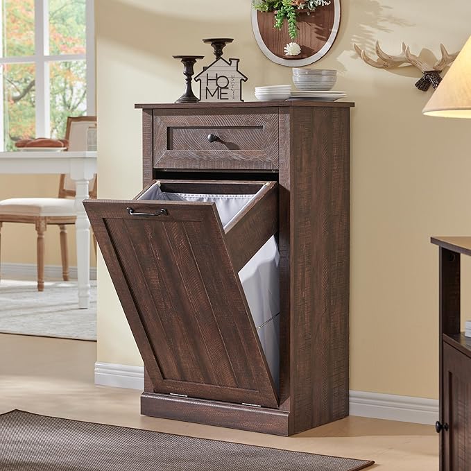 IFBUY Tilt Out Laundry Hamper Cabinet, 10 Gallon Farmhouse Trash Can Cabinet with Drawer, Hidden Wood Garbage Can Bin Cabinet with Laundry Storage Basket for Bathroom, Kitchen, Brown