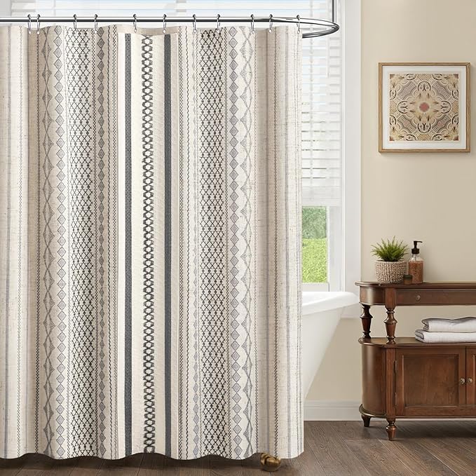 Grey Boho Shower Curtain for Bathroom,Beige Linen with Striped Print and Twine-Inspired Woven Center,72" W x 72" L