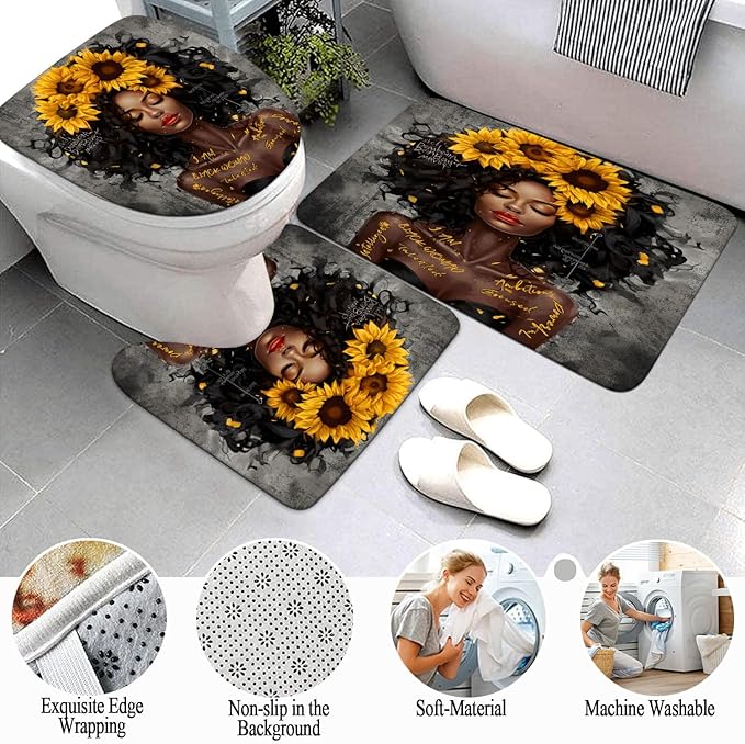 4 PCS Shower Curtain Set with Waterproof Shower Curtain, Non-Slip Bath Mat, Absorbent Rug, and Toilet Lid Cover, Inspirational Quote Afrcia American Black Queen Valentine's Day Bathroom Decor Set