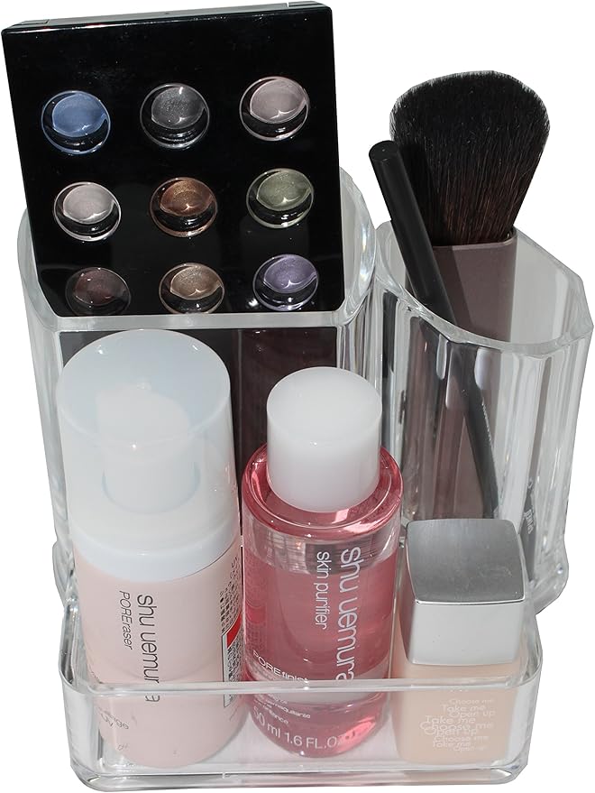 Clear Acrylic Makeup Brush and Cosmetic Holder with 3 Compartments B11704 (LS01466)