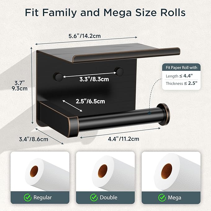 FORIOUS Toilet Paper Holder with Shelf, Adhesive or Screw Wall Mount Toilet Paper Roll Holder for Bathroom, SUS 304 Stainless Steel Commercial Toilet Tissue Holder Dispenser, Oil Rubbed Bronze
