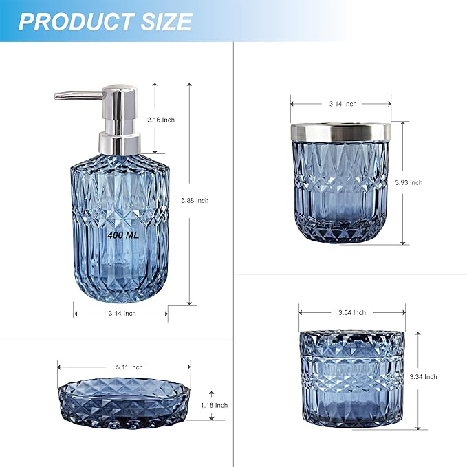 LaMarriti Blue Bathroom Accessories Set, 4Pcs Clear Glass Bathroom Decor Set, Lotion Soap Dispenser, Toothbrush Holder, Qtips Holder, Soap Dish for Crystal Modern Bath Decor, Gift Set