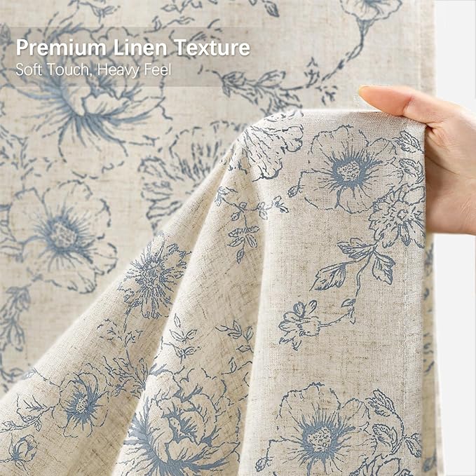 Farmhouse Floral Linen Shower Curtain, Vintage Blue Pattern Rustic Shower Curtains for Bathroom, Taupe,72x72