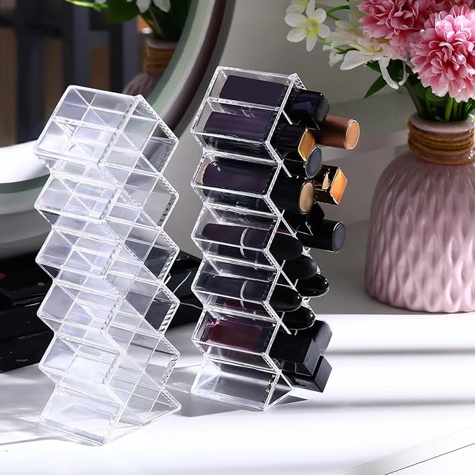 4 Pack Acrylic Lipstick Holder Organizer 64 Slots Clear Lip Gloss Holder Organizers Stackable Fish Shape Lipsticks Tower Lipstick Case Display Stand Storage Box for Makeup Cosmetic Vanity drawer