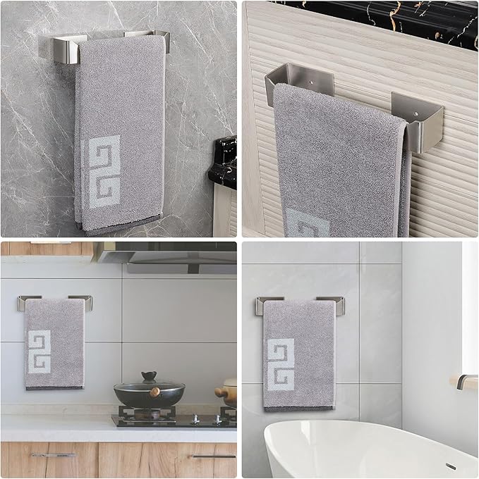 NearMoon Self Adhesive Hand Towel Holder/Towel Ring, Stainless Steel Hand Towel Bar Rustproof Stick on Wall-Towel Rack for Bathroom/Kitchen, Square Sticky and Wall Mounted (9 Inch, Brushed Nickel)