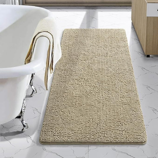 LOCHAS Luxury Bathroom Rug Shaggy Bath Mat 24 x 40 Inch, Washable Non Slip Bath Rugs for Bathroom Shower, Soft Plush Chenille Absorbent Carpets Mats, Beige