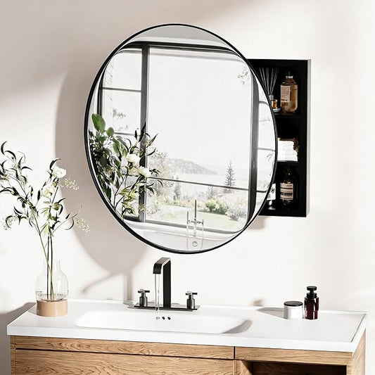 Round Bathroom Medicine Cabinet with Mirror,Wall Mounted Vanity Mirror with Adjustable Shelves Metal Storage Cabinet for Bathroom Bedroom (No Assembly Required) Black 20.5 * 20.5''