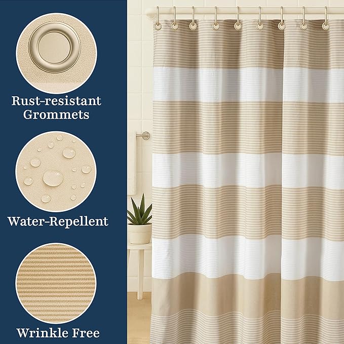 LANE LINEN Premium Shower Curtain for Bathroom - 72W x 72H - Dobby Striped Soft Textured Weave - Water Resistant & Quick Dry - Machine Washable - Reinforced Header with Metal Grommets - Beige