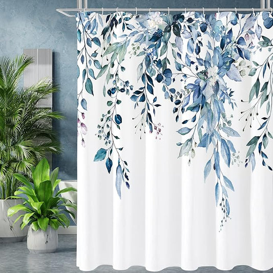 Gibelle Long Shower Curtain 72 x 78, Blue Floral Shower Curtain for Bathroom, Watercolor Plant Eucalyptus Leaves Fabric Shower Curtain Set