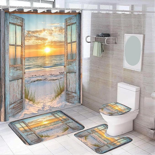 4 Pcs Beach Coastal Shower Curtain Set, Ocean Barn Door Nautical Sunrise Seaside Wave Bathroom Rug Sets, Rustic Wood Teal Turquoise Shower Curtain and Non-Slip Rugs Toilet Lid Cover Bath Mat Decor