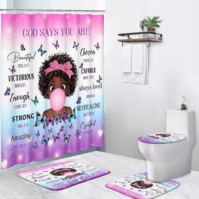 4 Piece Shower Curtain Set, Inspirational Thoughts Waterproof Bathroom Set Accessories with Non-Slip Rugs, Toilet Lid Cover Bath Mat and 12 Hooks, Cute African Black Girl Home Decor 72" x 72"