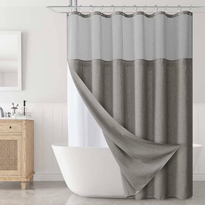 Naturoom Grey Linen Shower Curtain with Fabric Snap in Liner Set Rustic Style Farmhouse Shower Curtains for Bathroom Heavy Duty Burlap Cloth Double Bath Curtains with See Through Top Window 72x80